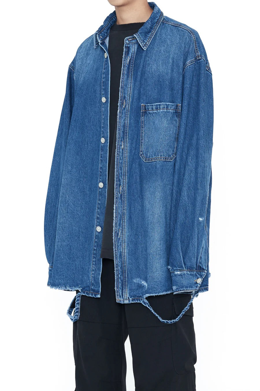 INDIGO DESTROYED AGING OVERSIZED DENIM SHIRT / CODA