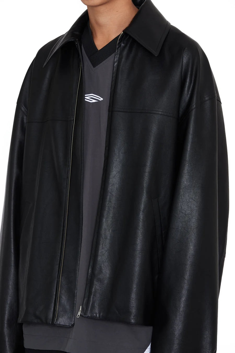 BLACK SYNTHEITC LEATHER SLANT JACKET / CODA