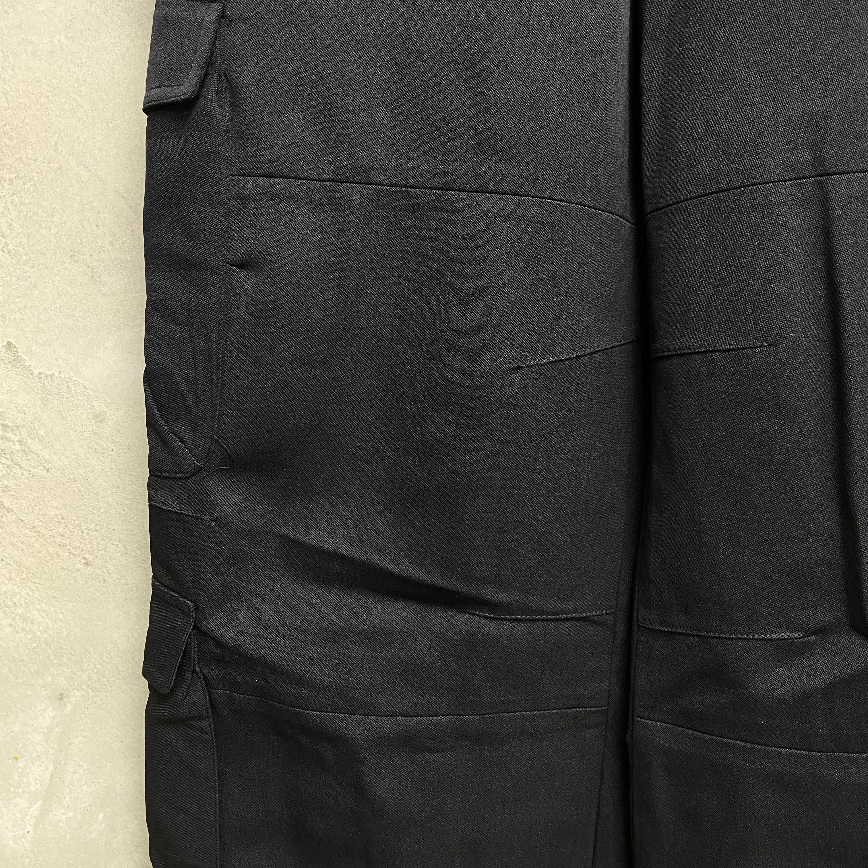 BLACK HEAVY WEIGHT WOOL POLY FLARED CUT CARGO PANTS / CODA