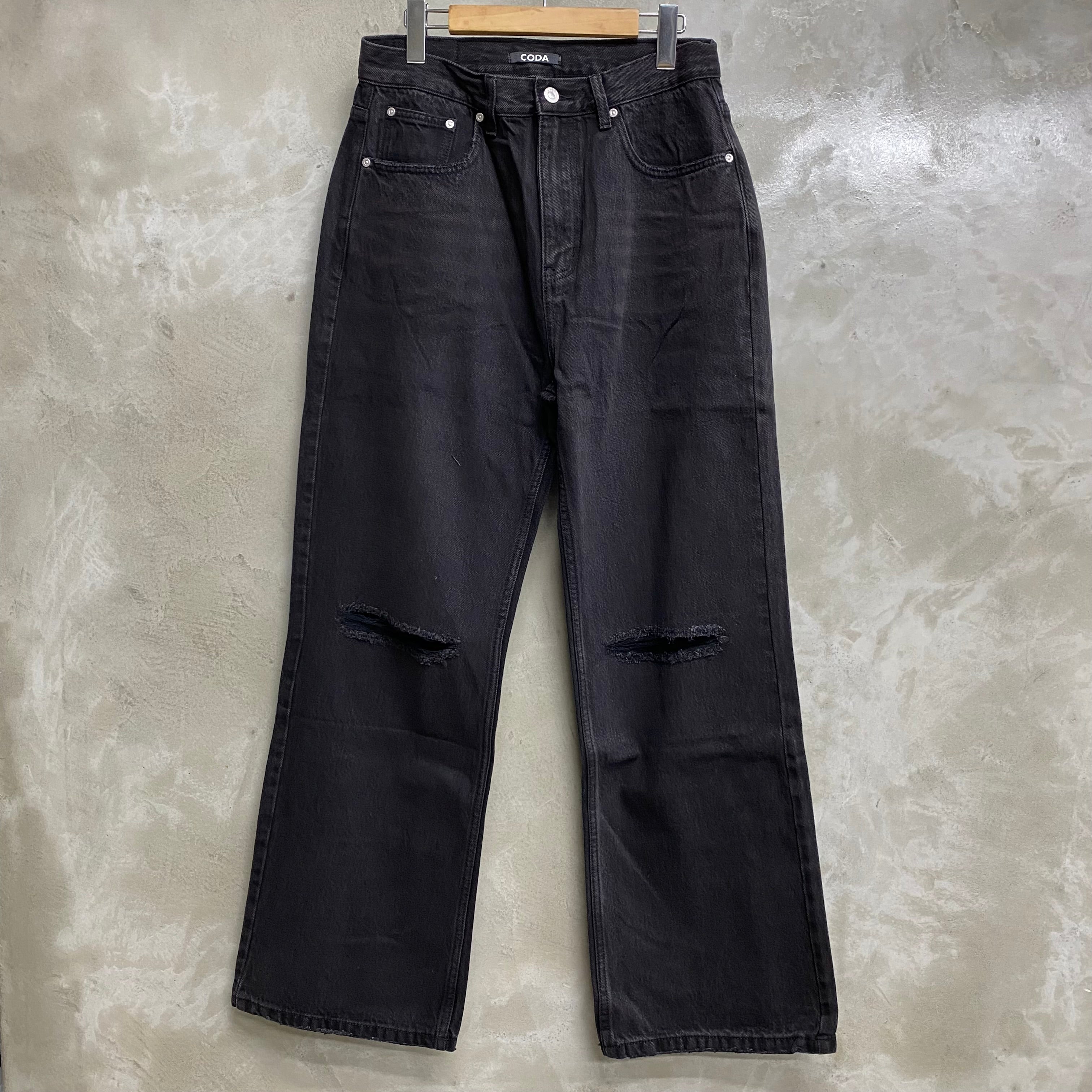 BLACK WASHED DESTORYED BREAK CUT  FLARED JEANS / CODA