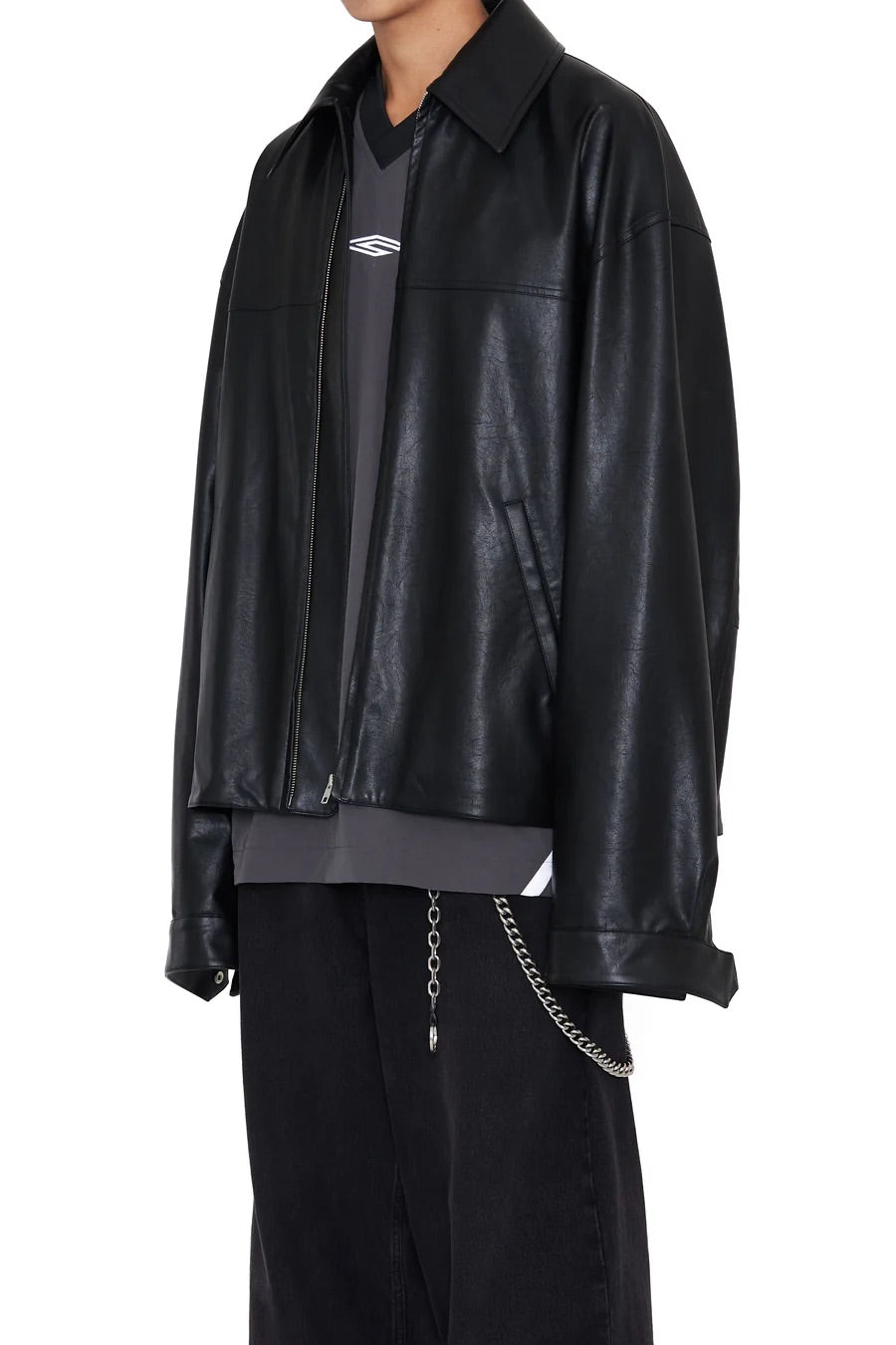 BLACK SYNTHEITC LEATHER SLANT JACKET / CODA