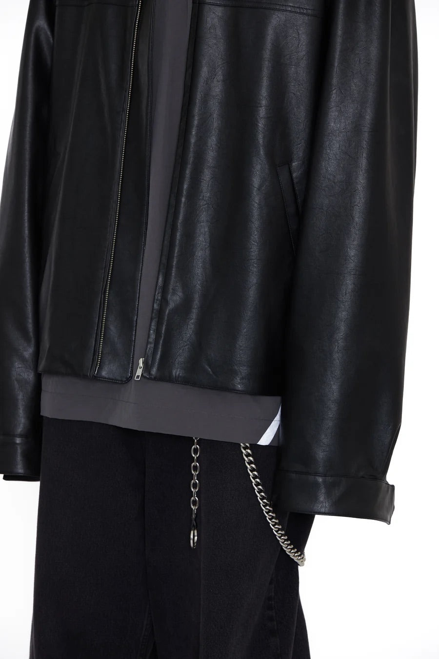 BLACK SYNTHEITC LEATHER SLANT JACKET / CODA