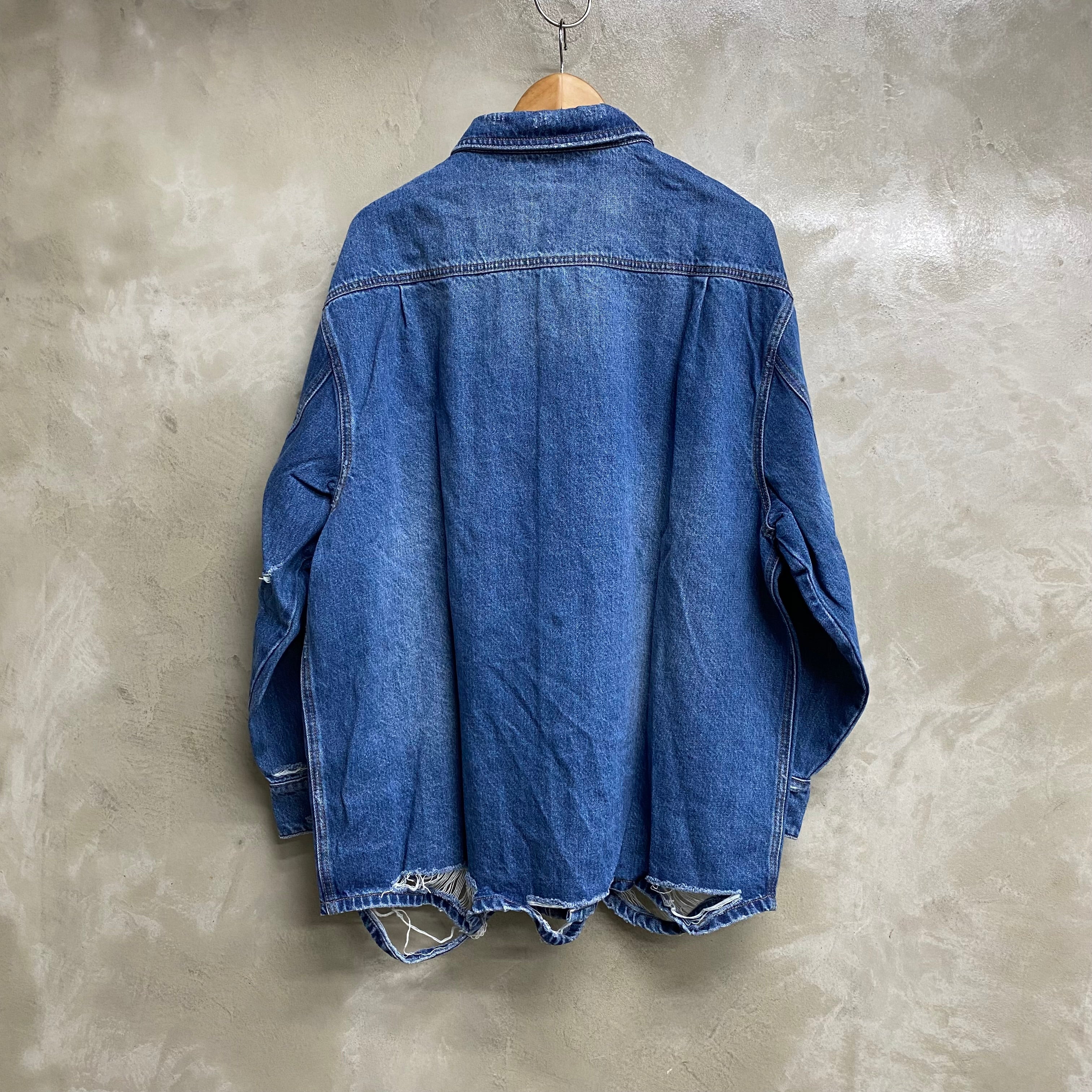 INDIGO DESTROYED AGING OVERSIZED DENIM SHIRT / CODA