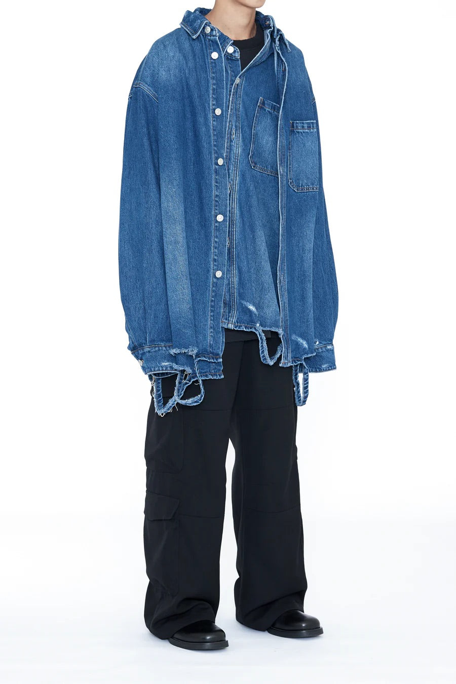 INDIGO DESTROYED AGING OVERSIZED DENIM SHIRT / CODA