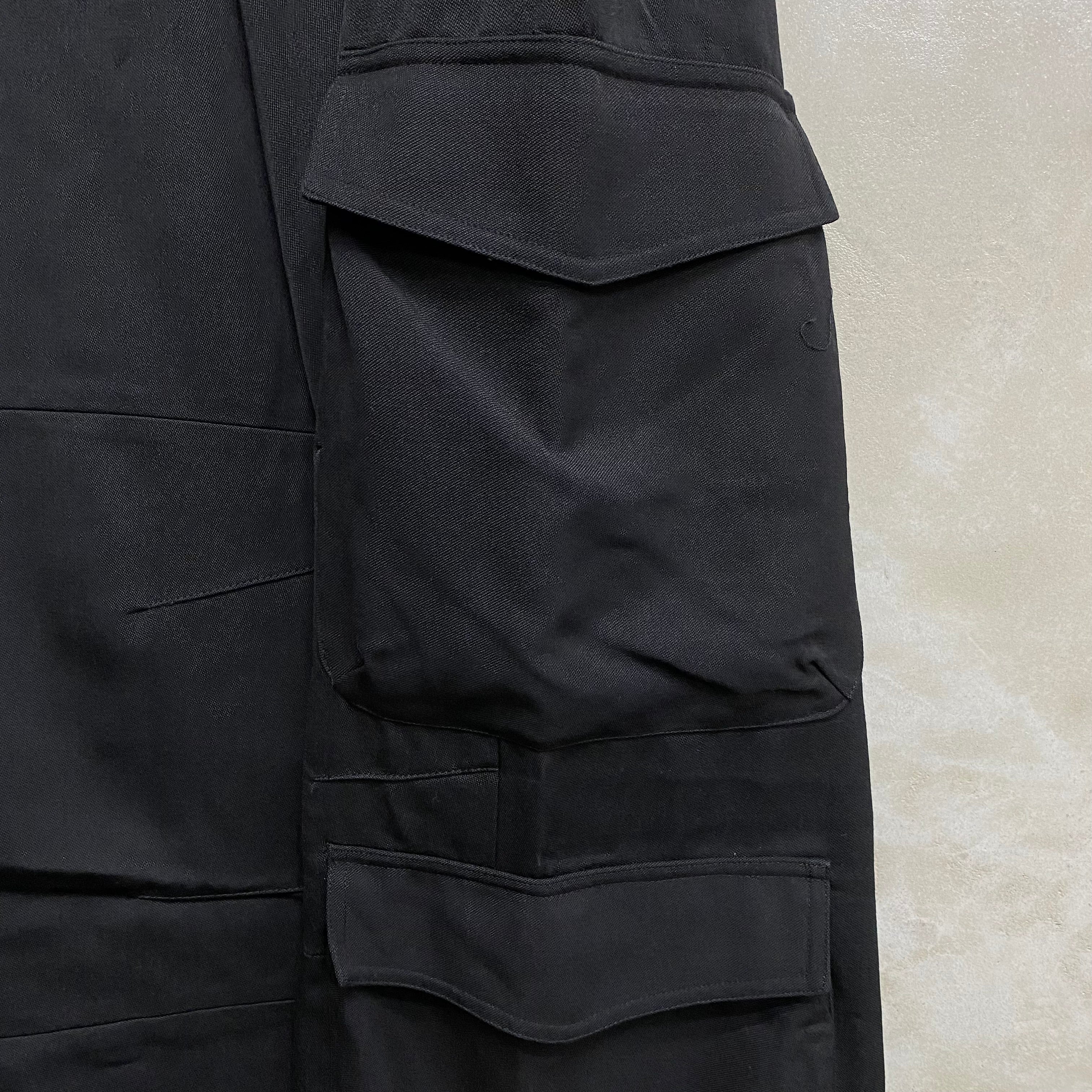 BLACK HEAVY WEIGHT WOOL POLY FLARED CUT CARGO PANTS / CODA