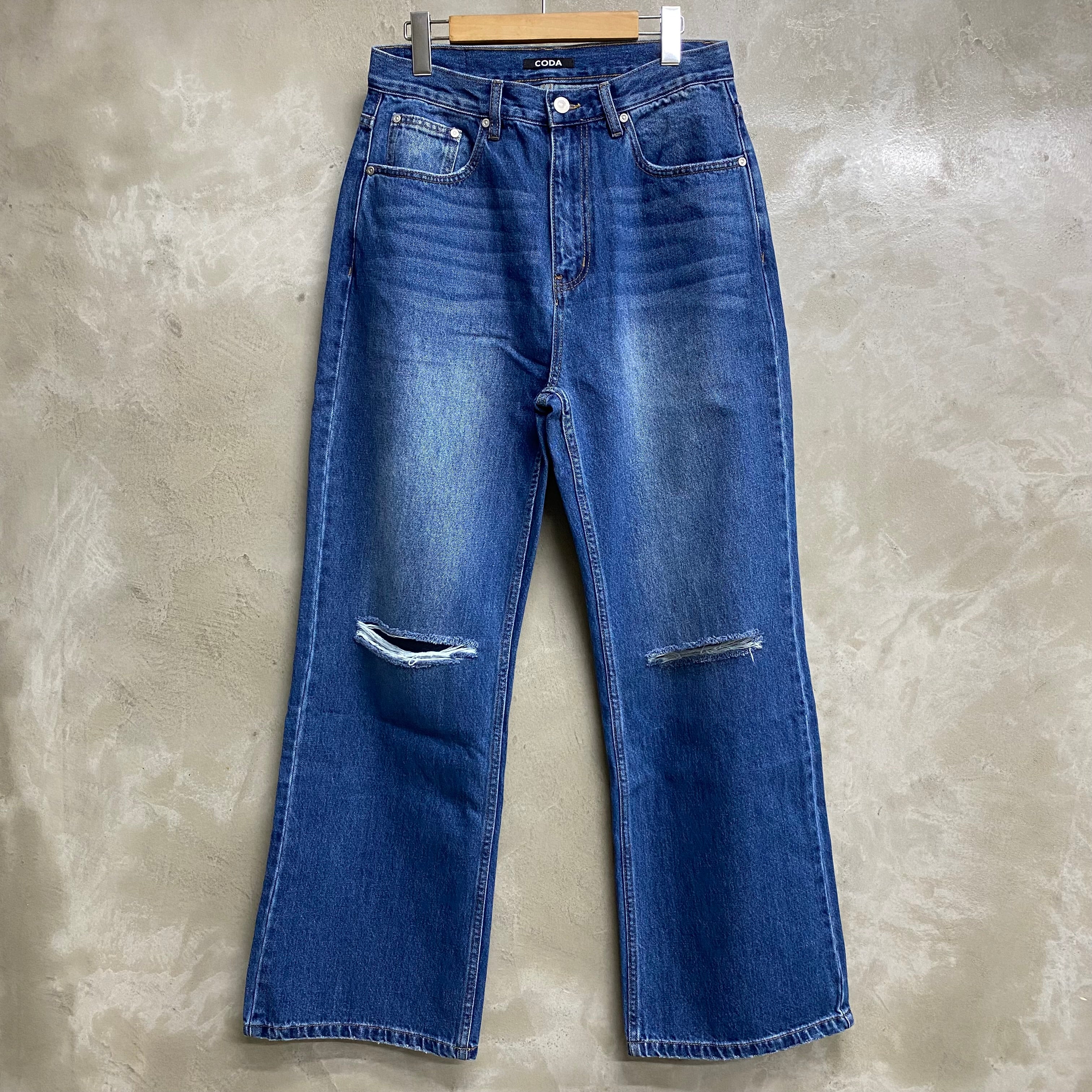 INDIGO WASHED DESTORYED BREAK CUT  FLARED JEANS / CODA