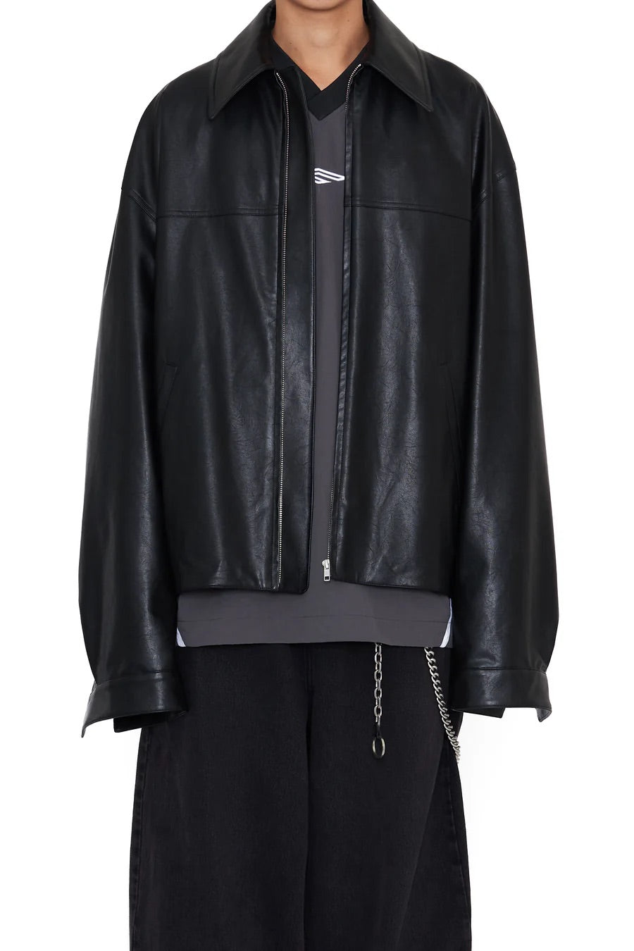 BLACK SYNTHEITC LEATHER SLANT JACKET / CODA